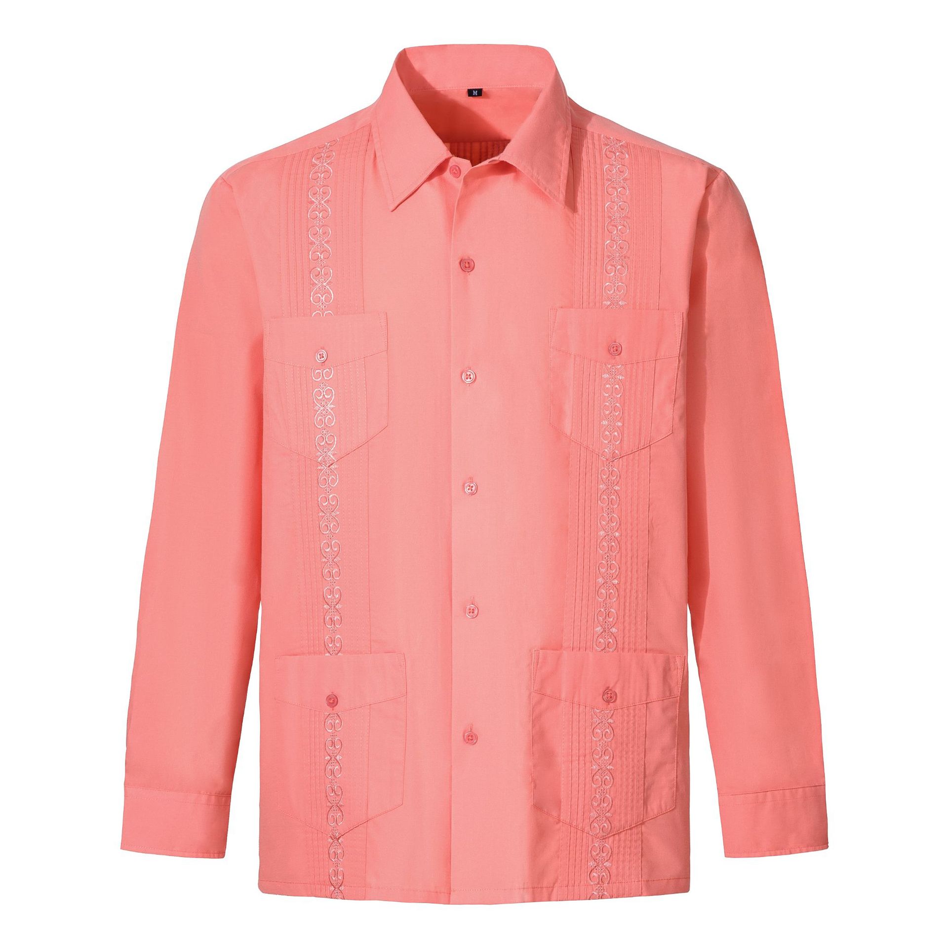 European and American Explosions Men's Guayabelala Shirt Men's Long Sleeve Four Pocket Shirt Factory Outlet