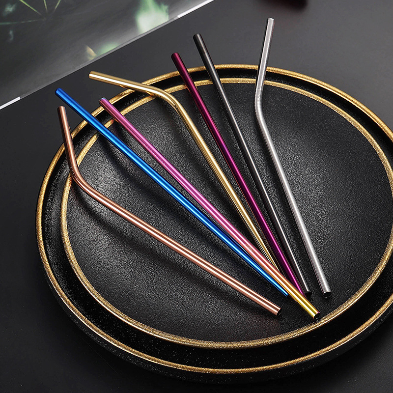 Cross-border 304 stainless steel straw suit gold-plated color metal beverage bubble tea coffee thermos cup drinking tube