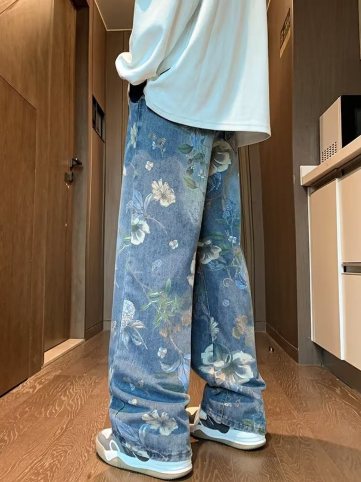 American high street washed jeans men's design sense niche fashion brand retro street hip hop casual wide leg trousers