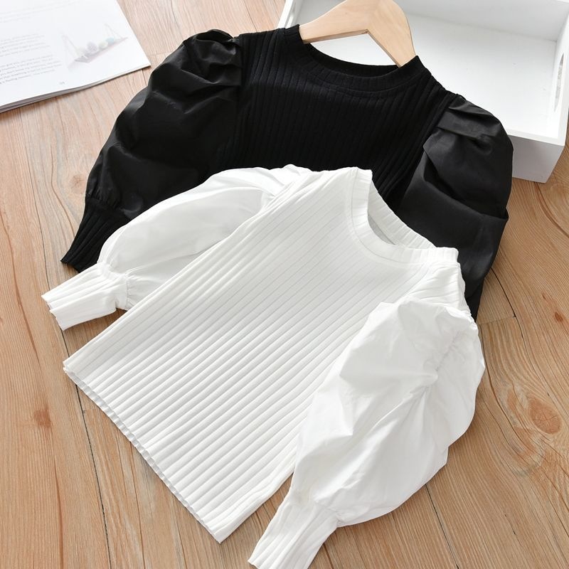 Children's Bubble Sleeve Base Shirt 2024 Autumn New Style Medium and Small Children Fashion Long Sleeve T-Shirt Korean Version Top Cotton