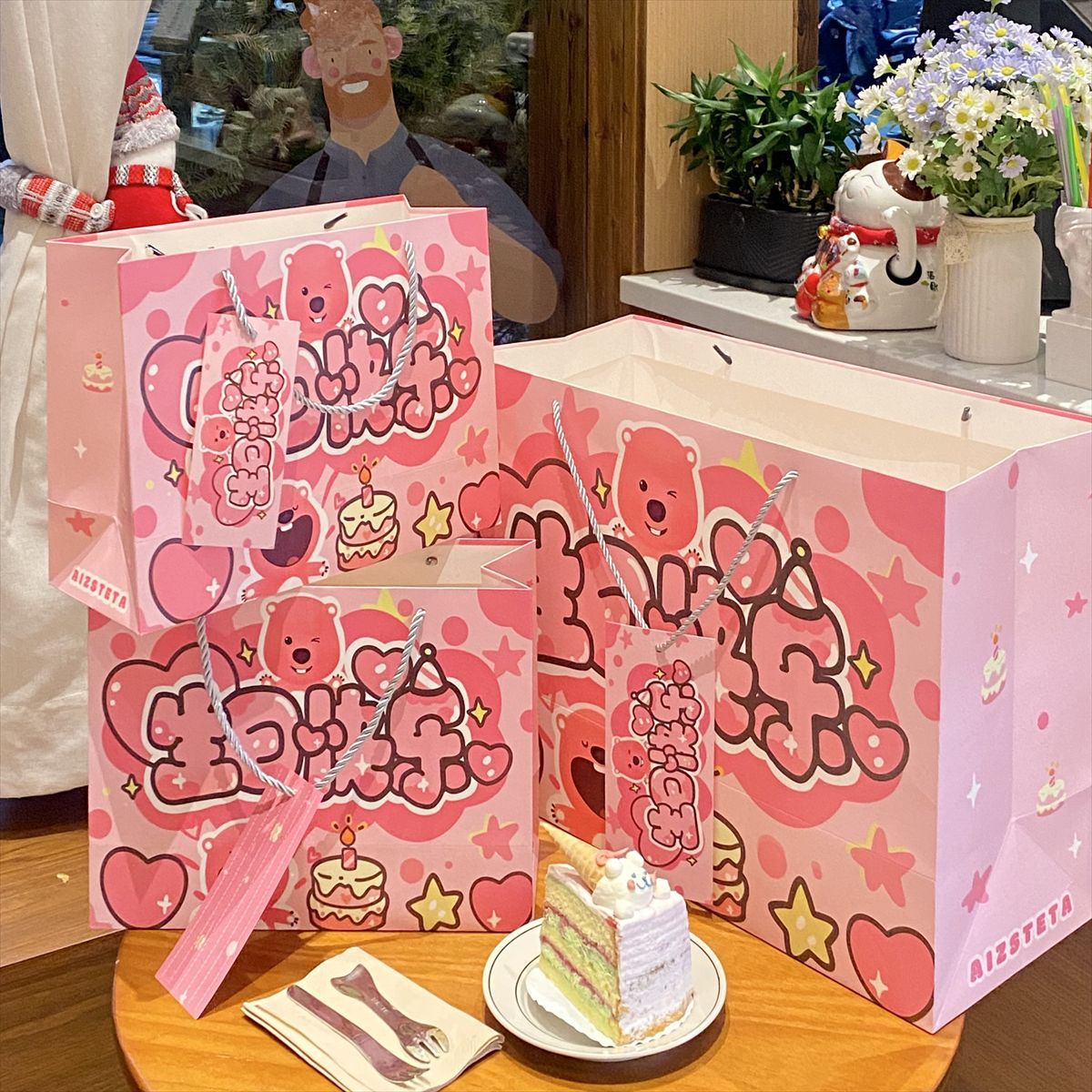 原创新款粉色露比生日快乐手提袋可爱卡通生日礼品袋加厚鞋盒包装