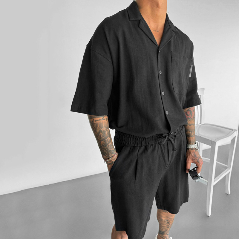 2024 Summer Casual Lasel Pocket Design Loose Short-sleeved Shirt Half Shorts Men's Two-piece suit