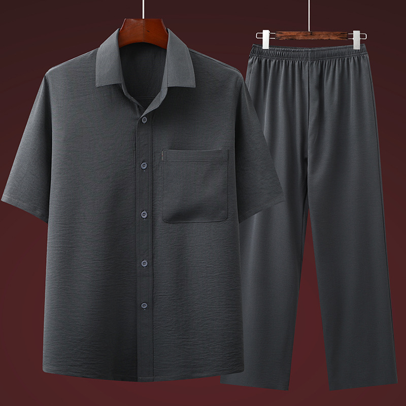 New Ice Silk Short-sleeved Shirt Men's Middle-aged and Elderly Thin Summer Clothes suit Middle-aged Casual Clothes for the Elderly A Set of Pants