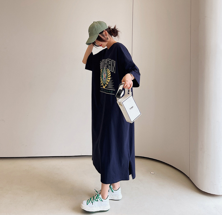 Fat mm large size summer simple knee-length lazy dress split 2023 new long Korean dress 200kg
