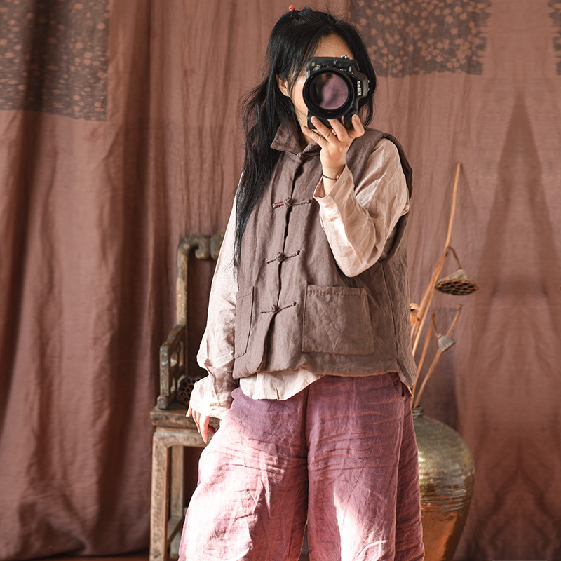 Simo/vêtements pour femmes en coton et lin faits maison gilet en coton à boucle en lin lavé au sable de haute qualité gilet en coton à enroulement rétro_voghion.com
