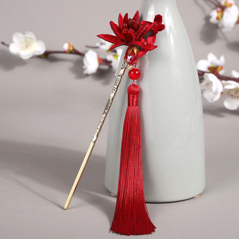Ancient style red tassel hairpin hair accessories Hanfu headdress velvet flower updo vintage hairpin simple cheongsam alloy hairpin