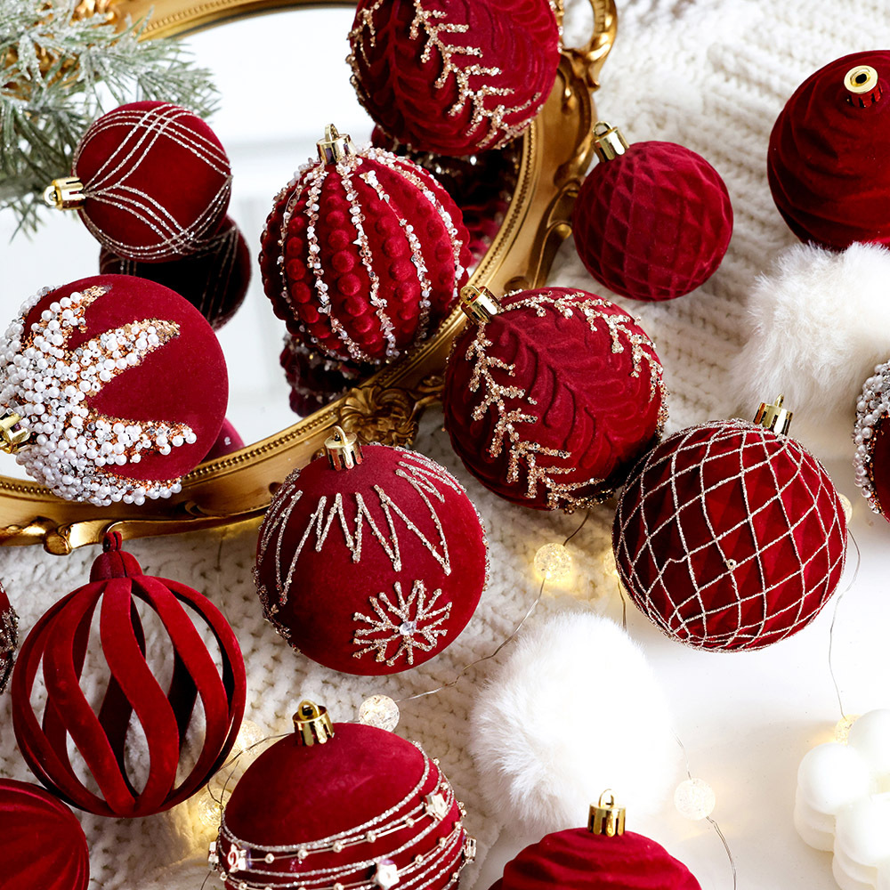 Christmas tree decorative ball Christmas painted ball flocking dark red Christmas ball Pearl DIY hanging decoration scene layout_voghion.com