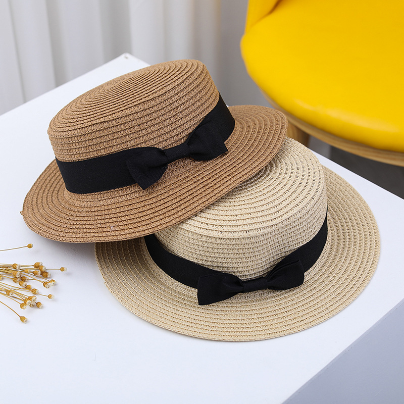 Summer British straw hat female children flat top breathable fresh bowler hat outdoor travel sun protection beach hat