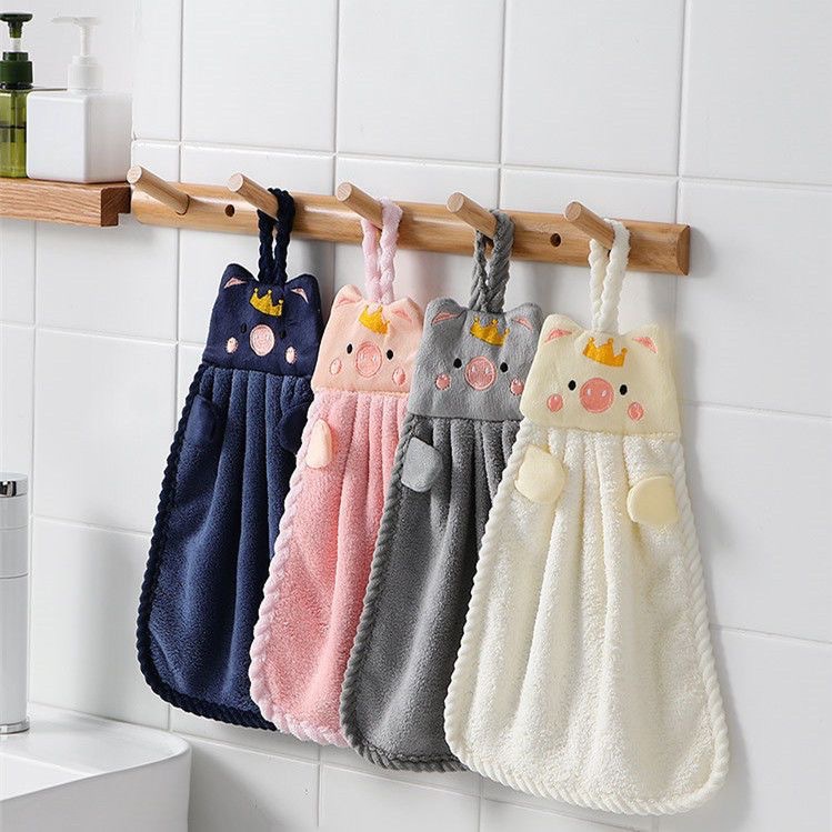 Kitchen hand towel absorbent lint-free pig hanging towel coral fleece hanging small towel cute children hand towel