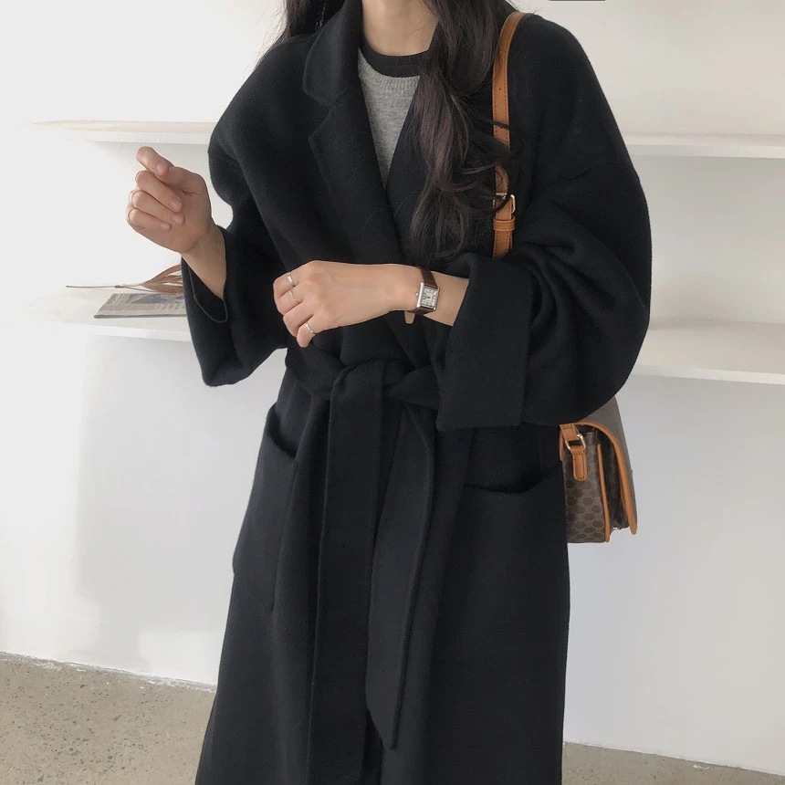 South Korea Dongdaemun 2023 autumn and winter New lace-up cashmere coat Women's Mid-length loose over-the-knee woolen coat_voghion.com