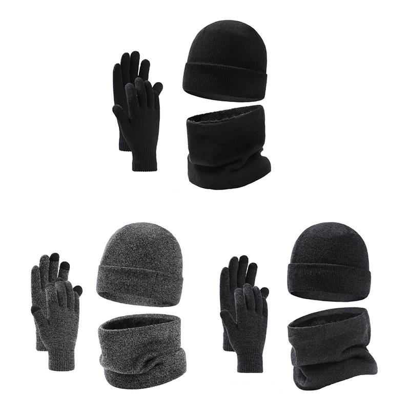 European and American winter hat scarf gloves three-piece men's knitted hat velvet winter wool hat scarf _voghion.com