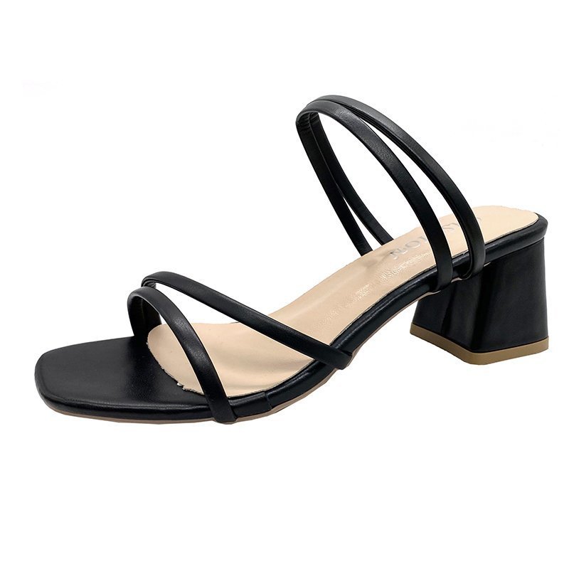 Black Thin Strap Sandals Women's Fairy Style 2021 New Mid-Heel Sandals and Slippers Women's Outer Wear Thick Heel Women's Shoes