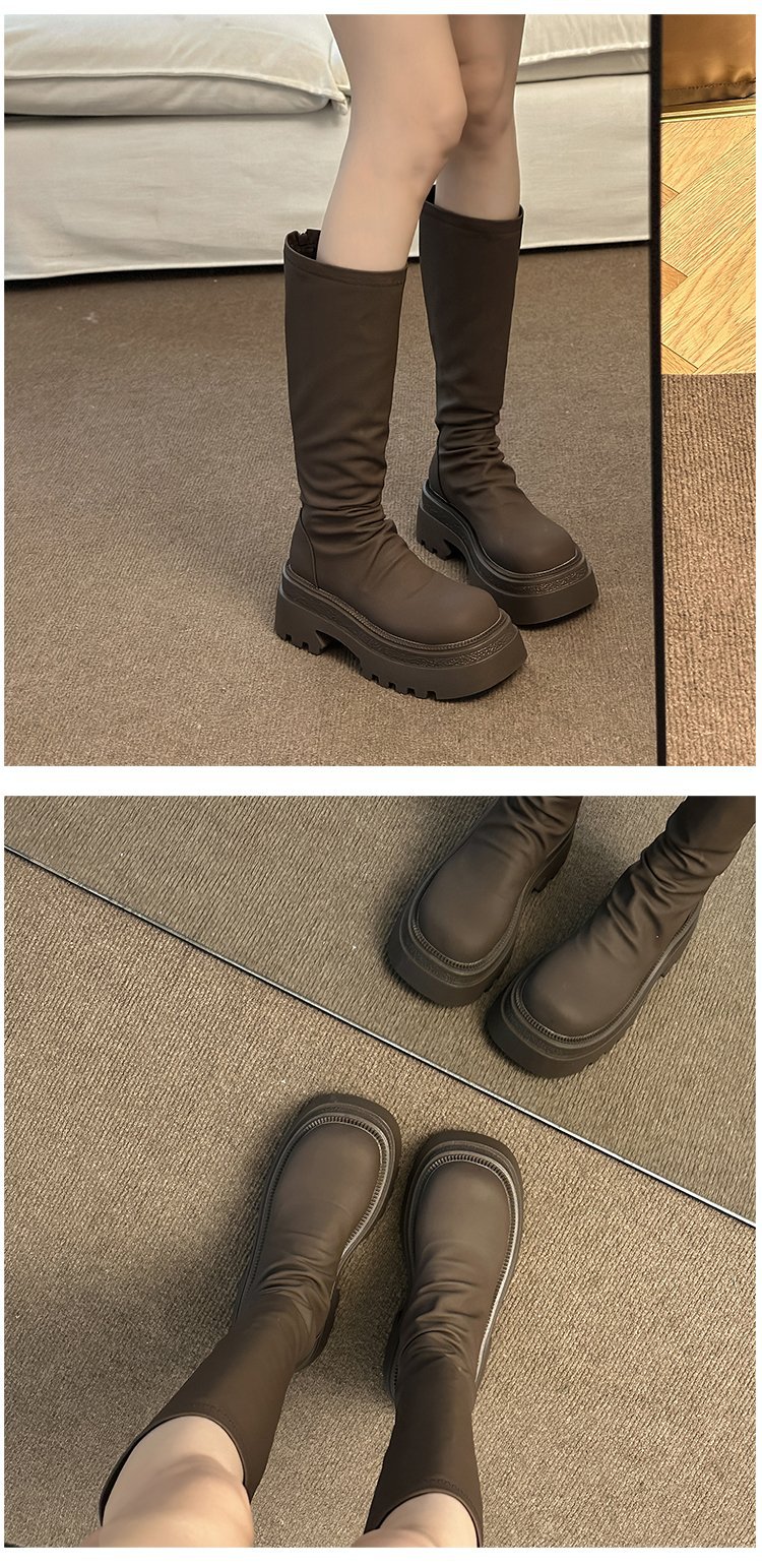 Moteriški storapadiai platforminiai aulinukai iki kelių 2023 m. rudens ir žiemos madingi klostuoti aulinukai iki kelių, ploni, elastingi aulinukai_voghion.com