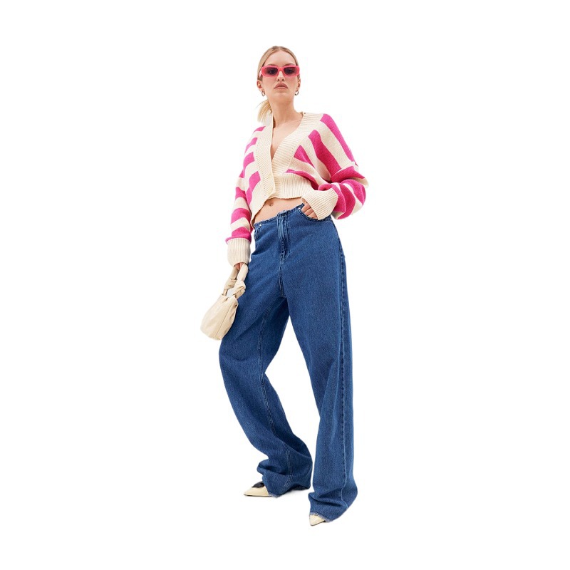 2024 spring and autumn European and American Russian sweater women's cross-border contrast color loose design knitted cardigan coat for women