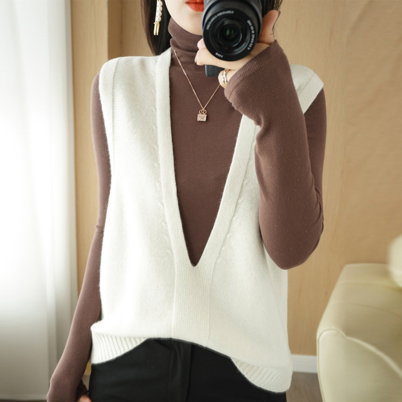 New Autumn and Winter Core-spun Yarn Material Women's 100 Knitted V-neck Vest Pullover Vest Korean-style Outer Wool Waistcoat