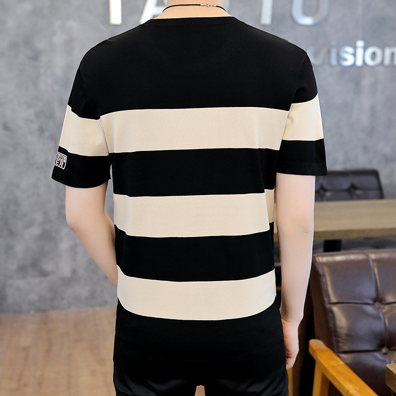 2024 Striped Knitted Short-sleeved T-shirt Men's Thin Fashionable Summer Clothing Ice-sensitive T-shirt Half-sleeved Ice Silk Top for Hair