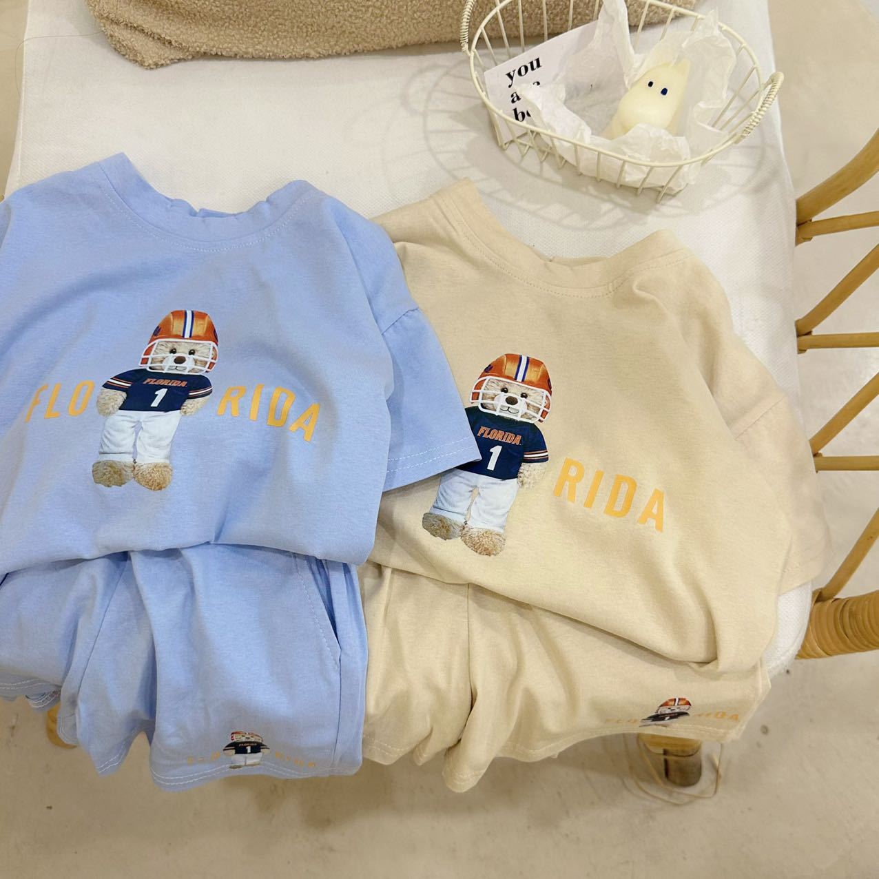 兒童夏季套裝 韓版棒球小熊男童女童短袖短褲套裝運動休閒2件套