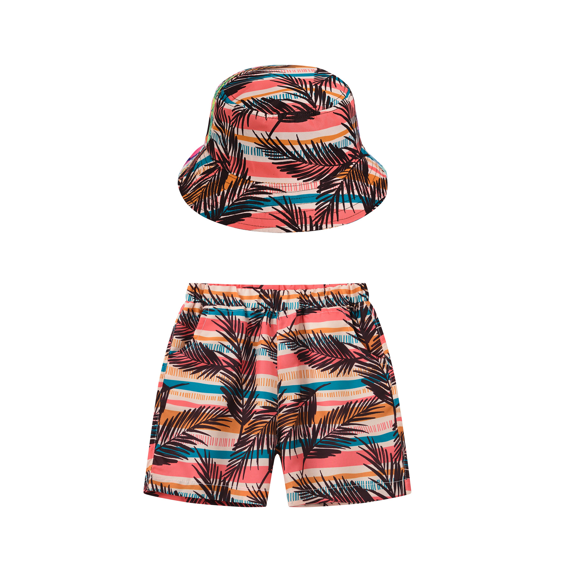 新款童裤休闲套装男女童海边度假风牛筋腰沙滩裤+同色系帽子童装