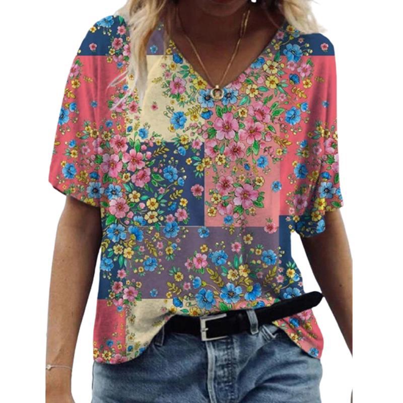  European and American independent station wish summer fashion floral print pullover V-neck short-sleeved T-shirt for women