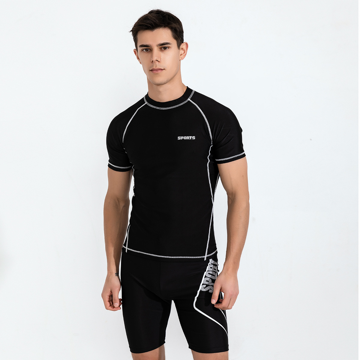 Wholesale Swimwear Men's Split Two-piece Set Men's Sunscreen Short-sleeved Surfing Scuba Suit Large Size Beach Swimming Trunks for Men