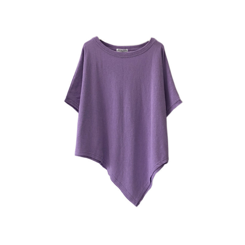 Containing Cotton Solid Color Irregular Hem Summer Short-sleeved T-shirt Women's Loose Round Neck Solid Color Base Shirt Top Women's Clothing