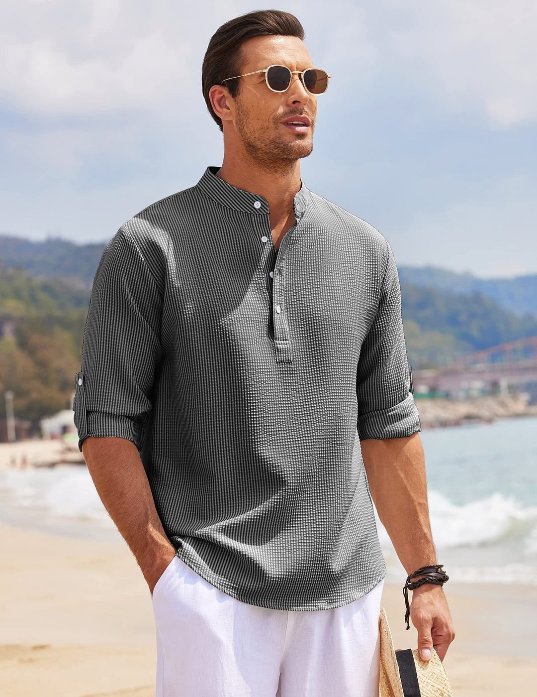 2023 European and American men's shirt long sleeve stand collar open button pineapple plaid shirt men's casual shirt top wholesale