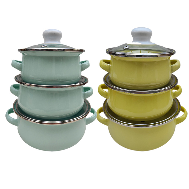 3-piece zinc enamel soup pot flat double-ear mini color enamel food supplement pot gas universal Amazon sale