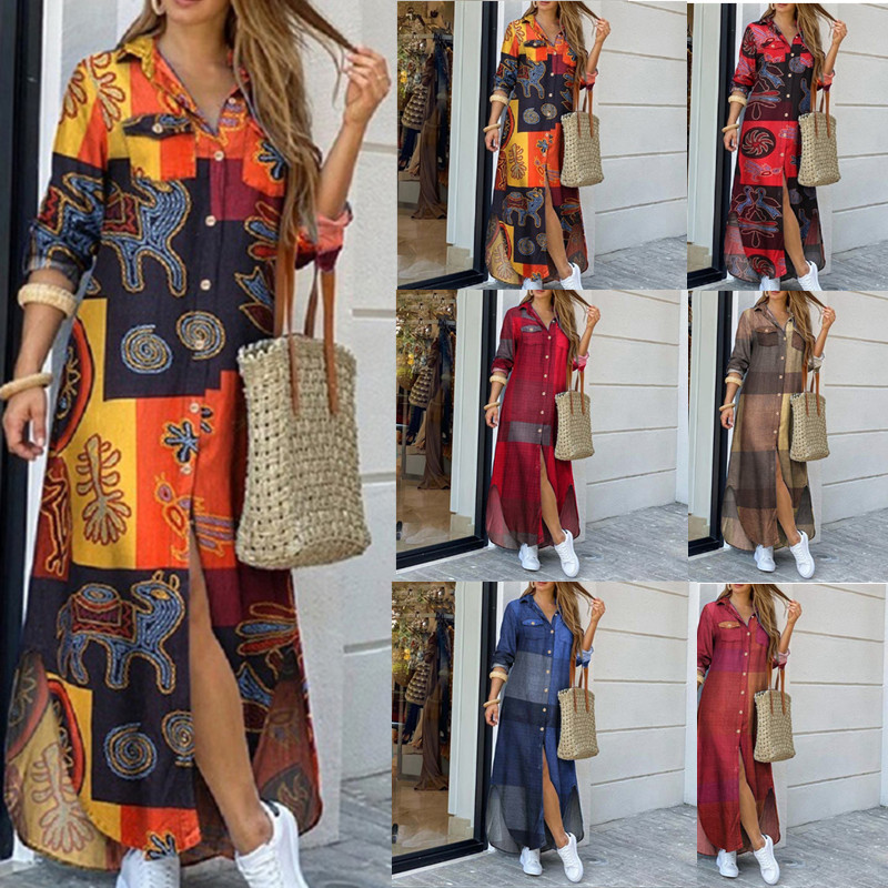 2024eBay AliExpress autumn new fashion long sleeve shirt dress long dress S-5XL a large number of in stock