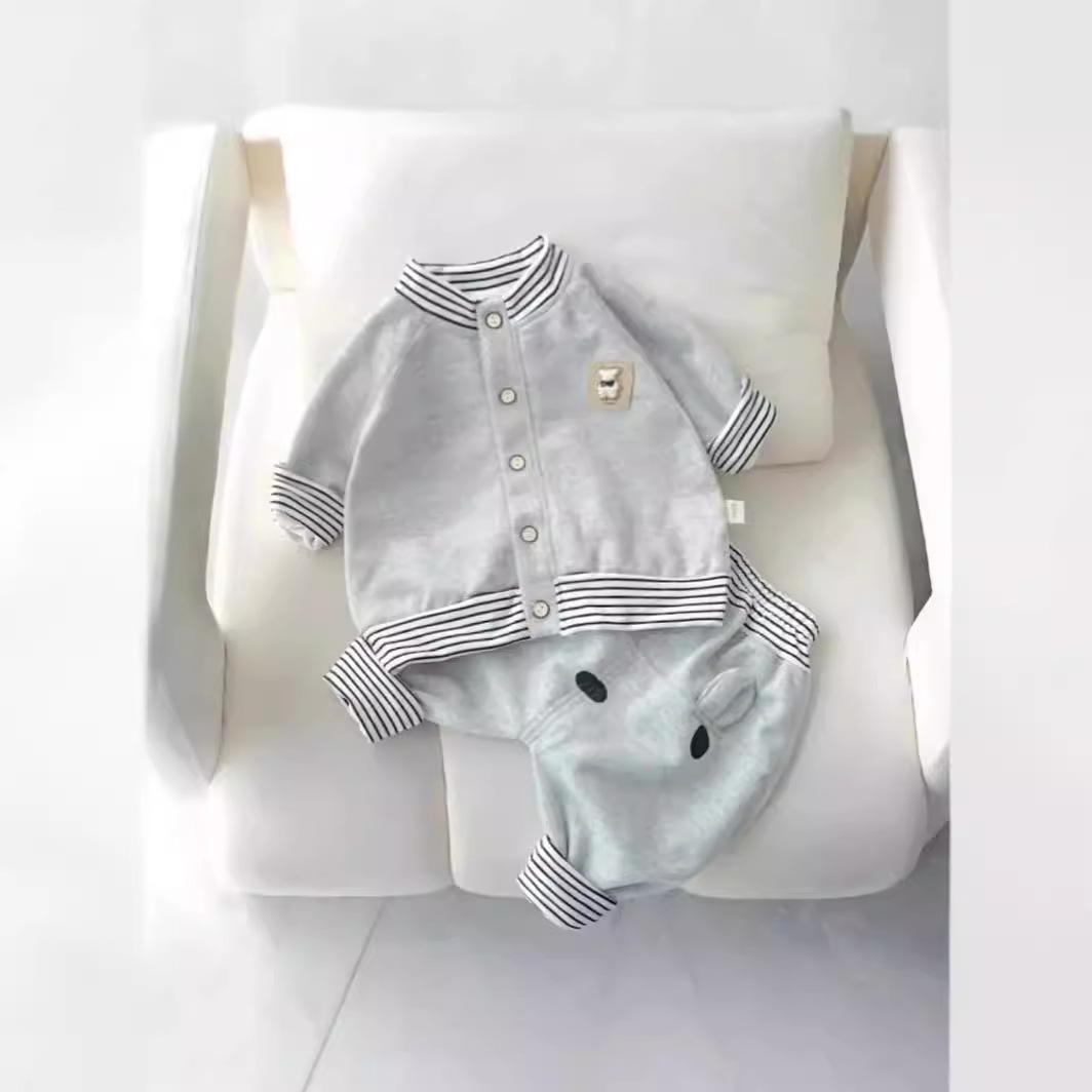 Spring and Autumn Boys and Girls Baby Single Layer Suit Cartoon Striped High Waist Butt Pants Children's Coat Pants Korean Style Suit