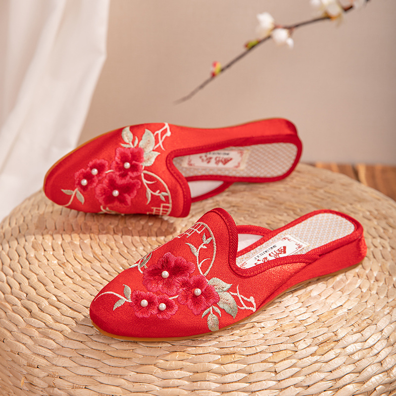 Floral 2023 Spring and Summer New Old Beijing Cloth Shoes Soft Bottom Retro Baotou Slippers Antique Cheongsam Shoes Embroidered Shoes