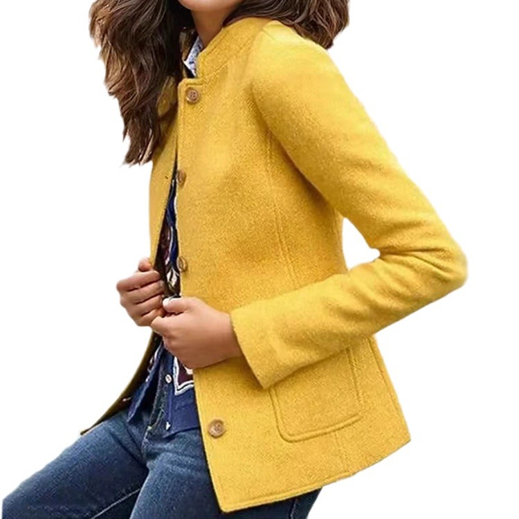 2023 Winter New  eaby independent stand solid color woolen stand collar simple long sleeve breasted short coat_voghion.com