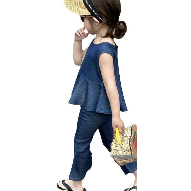 Girls' suit single-breasted Denim top plus flared pants 2024 Summer new foreign trade children's clothing Generation 3-8 years old
