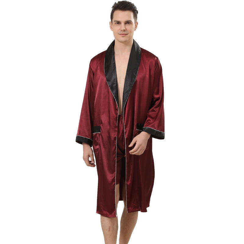 Cross-border American Size Men's Silk Nightgown Shorts Two-piece Suit Summer Thin Long-sleeved Pajamas Large Size Bathrobe