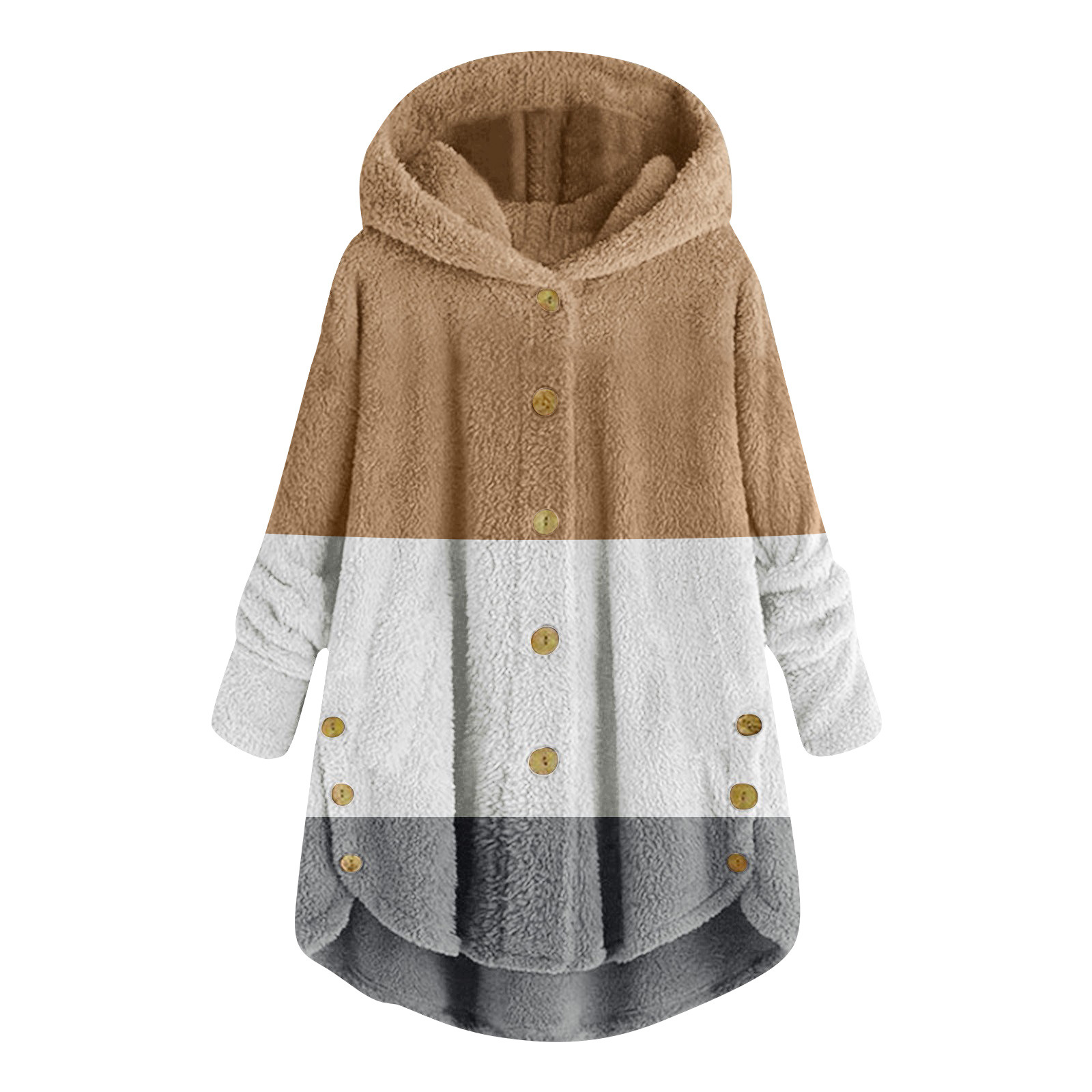 2023 Winter   New Fashion Women's European and American Button Plush Top Color Matching Multicolor Hooded Jacket_voghion.com