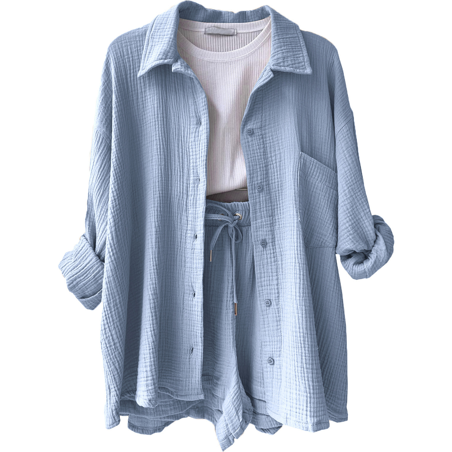 2023  European and American Women's Wrinkled Lapel Long Sleeve Shirt High Waist Drawstring Shorts Fashion Casual Two-Piece Set_voghion.com