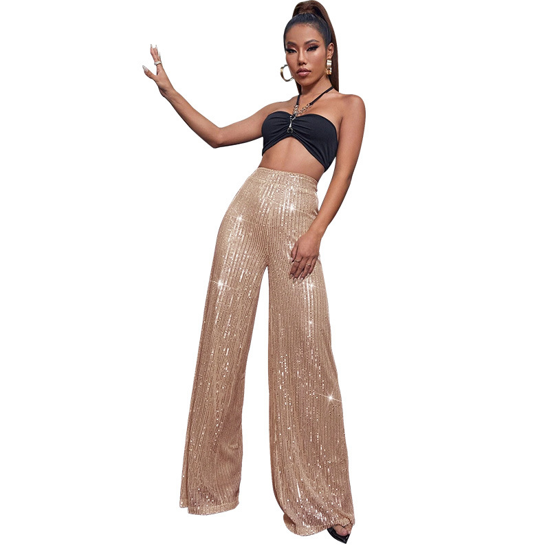 European and American Cross-border Women's Wear Pants for Autumn and Winter Amazon High Waist Wide Leg Pants Hanging Sequin Casual Pants for Women
