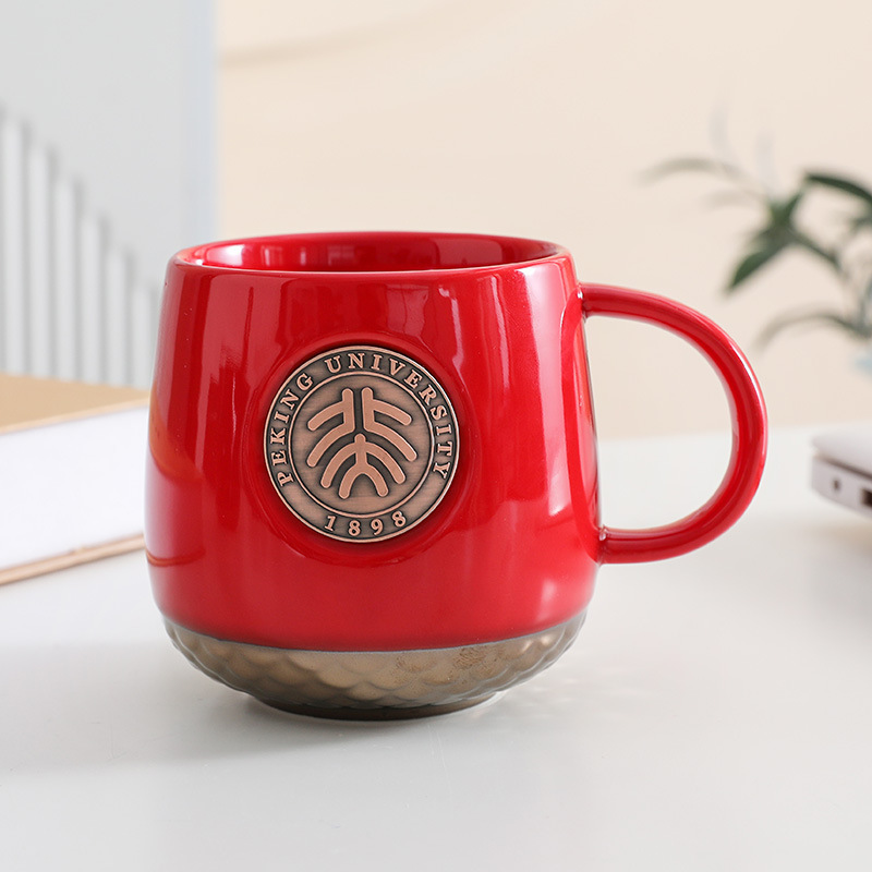 Peking University copper brand fish scale pattern mug can be customized logo copper seal coffee cup holiday gift water cup gift gift