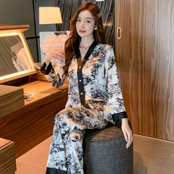 Pajamas Women's Spring and Autumn New Fashion Black and White Printed Home Clothes Thin Ice Silk Long Sleeve Trousers plus size suit 566