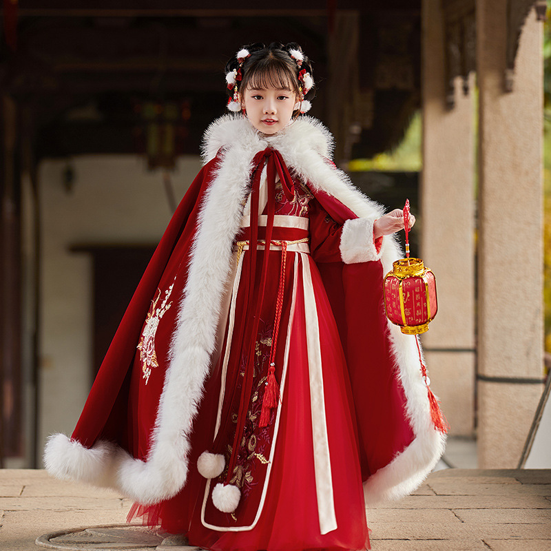 Girls' Hanfu Winter New Year Outfit with Thickening for Children, Tang-style Chinese-style Ruqun Flower Child Ancient Costume Exquisite New Year Hanfu
