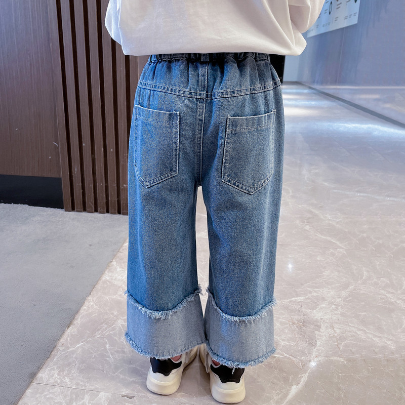 2024 New Spring Girls' Pants Stylisch Outfit Girls' Baby Fried Street Spring and Autumn Children's Jeans Wide Leg Pants