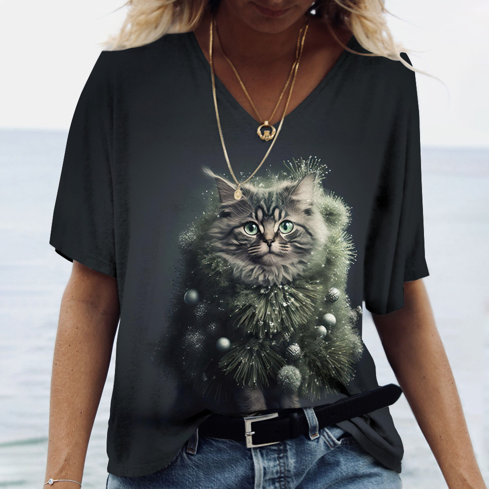 New Cat Women's V-neck T-shirt loose casual printed 2023 casual temperament AliExpress shrimp skin hot selling top