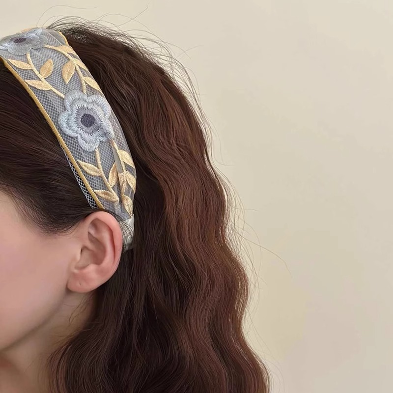 New Chinese Embroidered Flower Headband Women's High-end Ethnic Style Floral Cotton Linen Fabric Wide-brimmed High Cranial Top Head Hoop