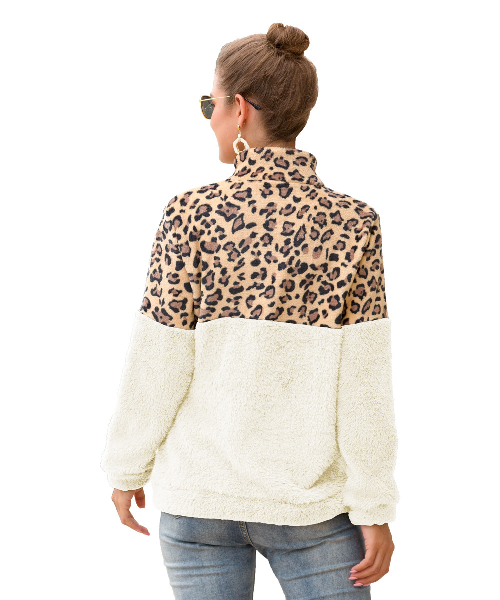 Amazon 2020 New zipper lapel double-sided velvet leopard stitching sweater for women