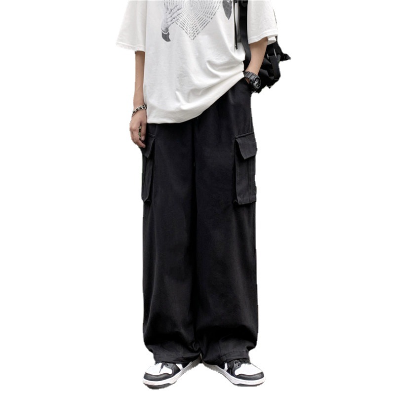Japanese Style Retro Pants Men's Solid Color Wide-Leg Washed Cotton Overalls Trendy Brand Straight Loose Casual Pants for Men and Women