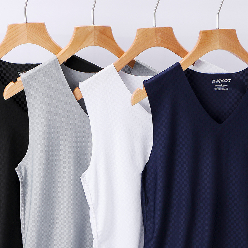 Four Seasons Ice Silk Casual Vest Men's Wide Shoulder V-Neck Slim-Fit Sports High Elastic Summer Mesh Men's Vest