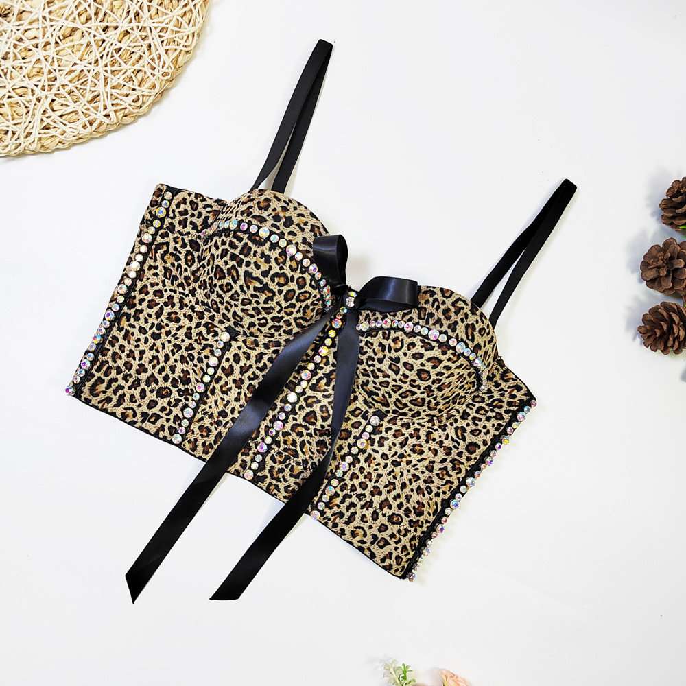 French leopard print tube top outer wear breathable mesh slim Fishbone camisole women's inner thin bow bra