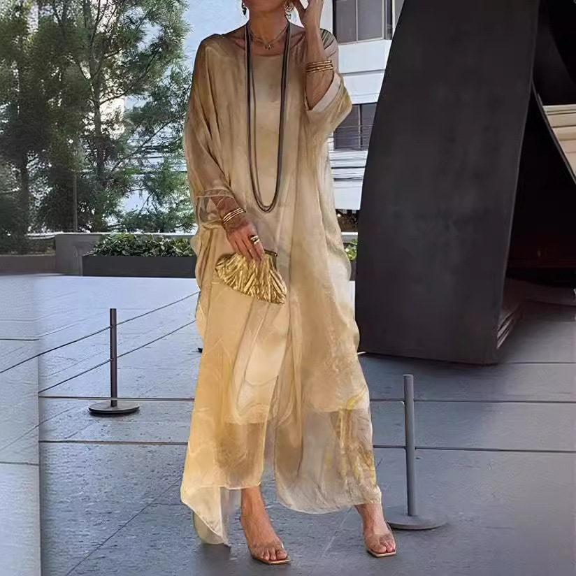 2024 summer new product_European and American cross-border independent station elegant commuter chiffon printed dress marble texture