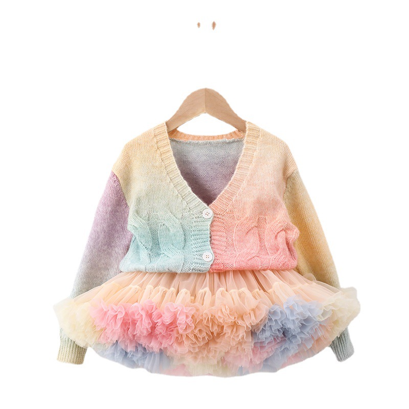 Yiwu Leaf Girl's Autumn Rainbow Knitted Cardigan Jacket TUTU Skirt Matching Top Mesh Half Skirt