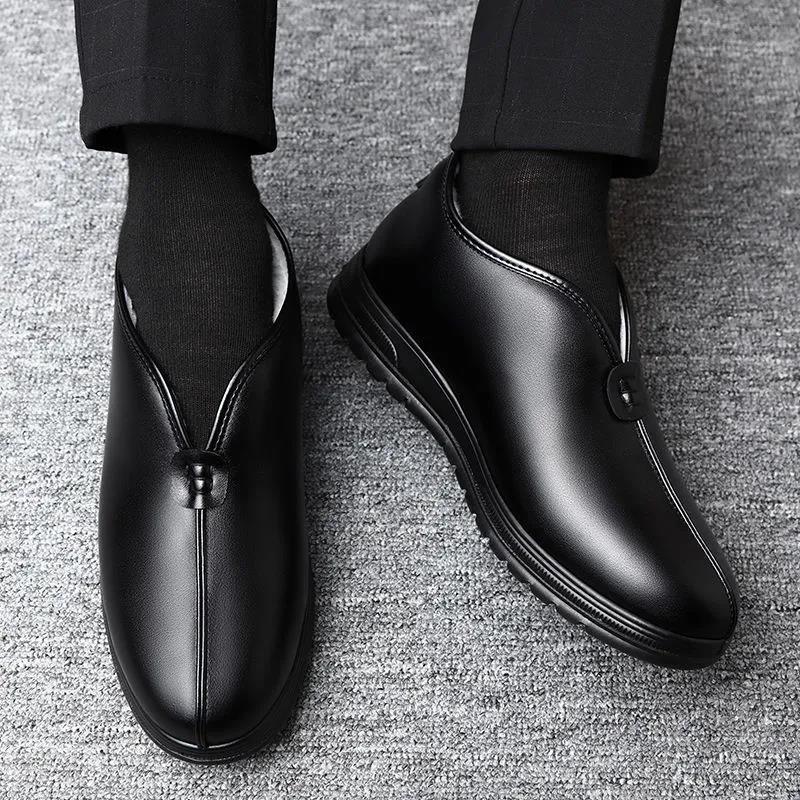 Autumn and Winter fleece-lined fur high waist cotton shoes old Beijing men's casual cotton leather shoes PU soft bottom middle-aged and elderly shoes