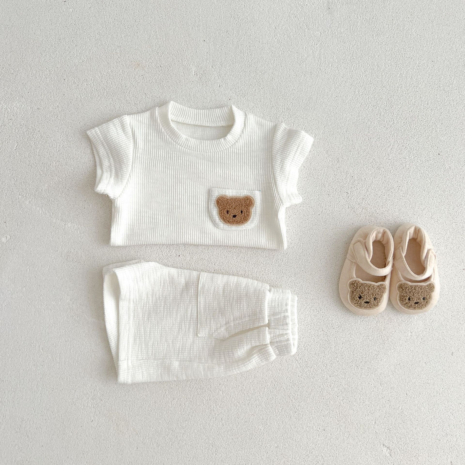 Infant Children's Short-sleeved Shorts Thin Suit Boys and Girls Baby Waffle Summer Split Two-piece Home Clothes